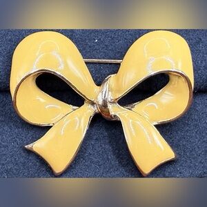 Vintage Yellow Enamel Bow Brooch Gold Tone Ribbon Pin Mid Century 1960s Estate